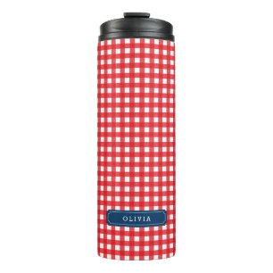 Termo Monograma Rojo de Gingham personalizado
