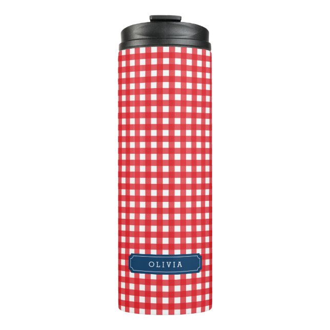 Termo Monograma Rojo de Gingham personalizado (Anverso)