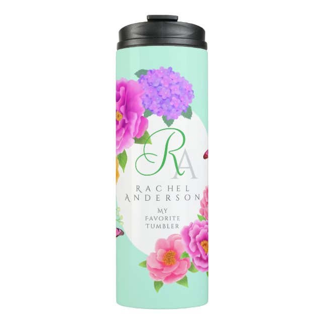 Termo Monograma romántico Peonies Garden Green (Anverso)