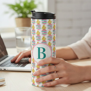 Termo Monograma Rosa y Oro Purpurina Piña Terapia