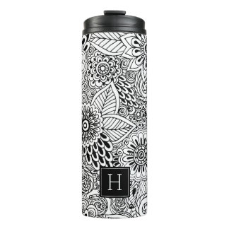 Termo Monogramado de patrón floral blanco y negro