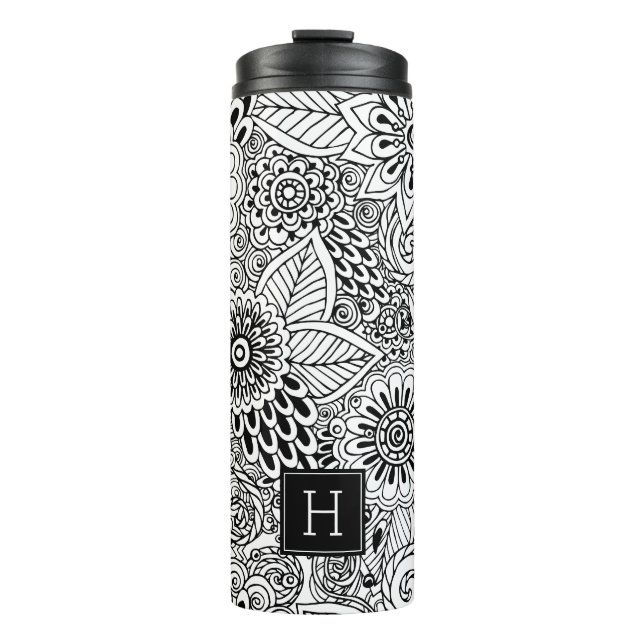 Termo Monogramado de patrón floral blanco y negro (Anverso)