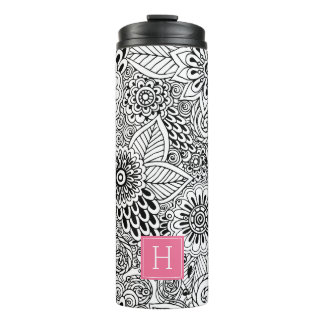 Termo Monogramado de patrón floral blanco y negro
