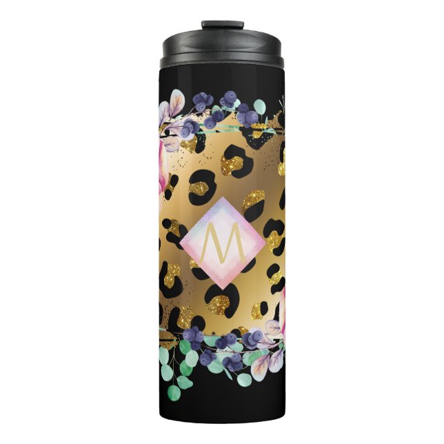 Termo Monogramado rosa rosado de bonito Girly Leopard Pr (Anverso)