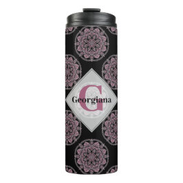 Termo Monogramed Pink Floral Fronds Polka Dot Mandala