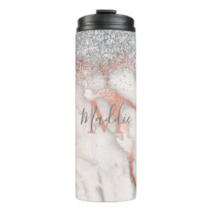 Termo Monogramo de Mármol Plateado Girly Rosa