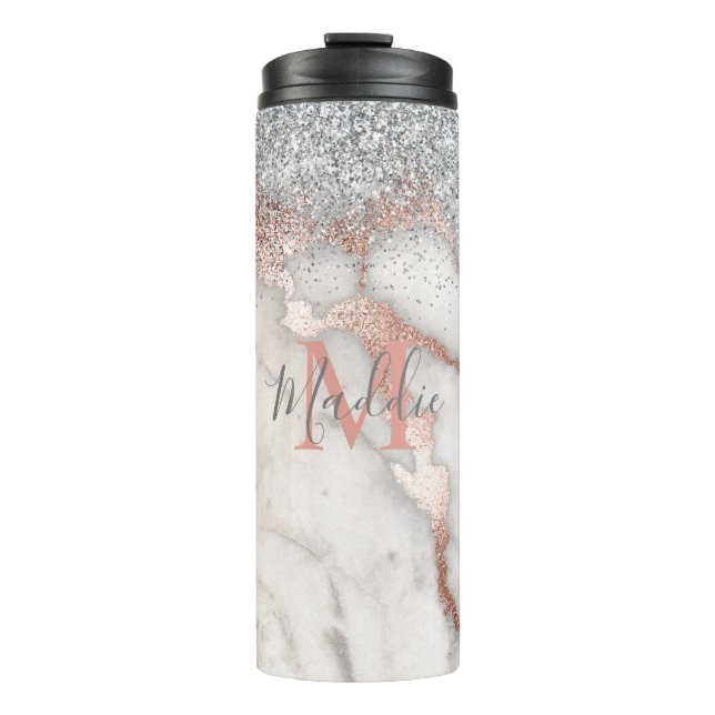 Termo Monogramo de Mármol Plateado Girly Rosa (Anverso)