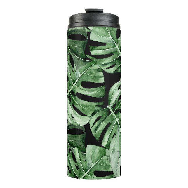 Termo Monstera Oscura: Impresión de acuarela tropical. (Anverso)