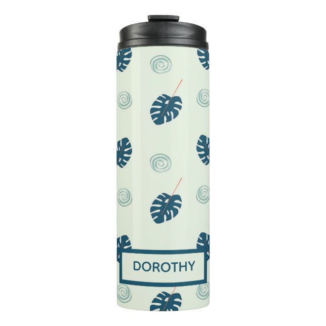 Termo Monstera tropical deja monograma en azul (Anverso)