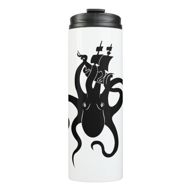 Termo Monstruo marino azul y kraken negro con barco (Anverso)