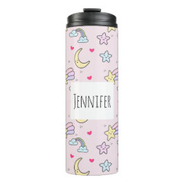 Termo Moon, estrellas y nubes patrón en rosa