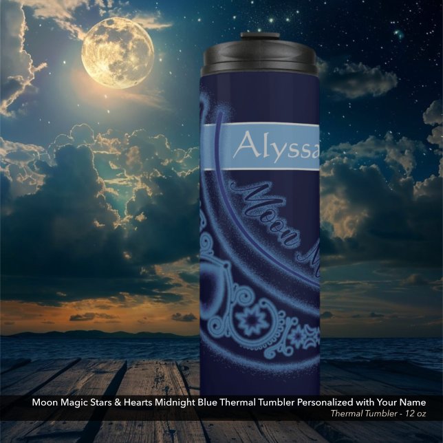 Termo Moon Magic Stars Hearts Celestial Nombre Azul oscu (Moon Magic Stars and Hearts Celestial Dark Blue Thermal Tumbler Personalized with Your Name.)