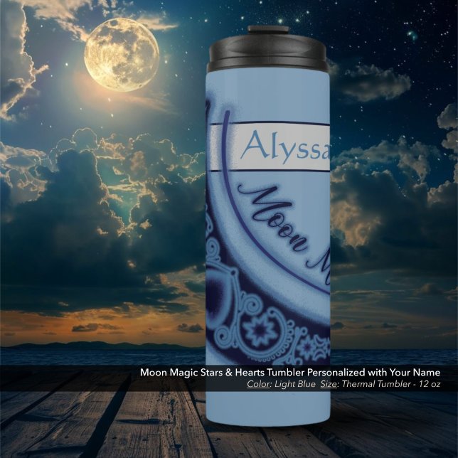 Termo Moon Magic Stars Hearts Celestial Nombre Luz Azul (Moon Magic Stars and Hearts Celestial Light Blue Thermal Tumbler Personalized with Your Name.)