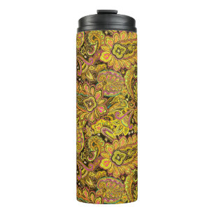 Termo Motivo Paisley en Amarillo, Marrón sobre Fondo Neg
