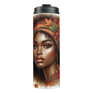 TERMO MUJER AFROAMERICANA GUAPA CON TEMÁTICA DE OTOÑO