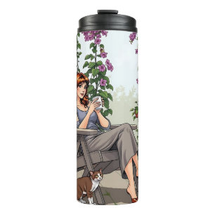 Termo Mujer bonito bebiendo café, su perro y sus plantas