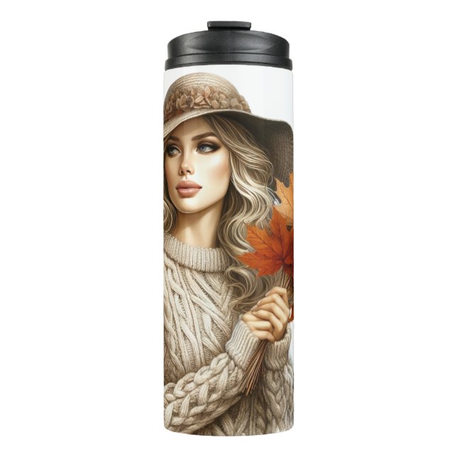 Termo MUJER bonito BLONDE CON HOJAS DE CAÍDA (Anverso)