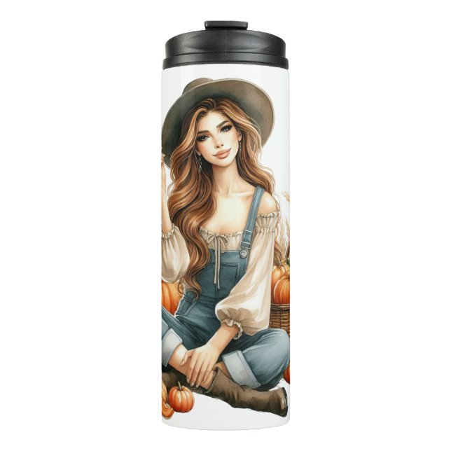 Termo MUJER bonito CON PELO MARRÓN Y BOMBA DE CAÍDA (Anverso)