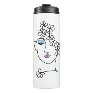 Termo Mujer con flores arte de línea