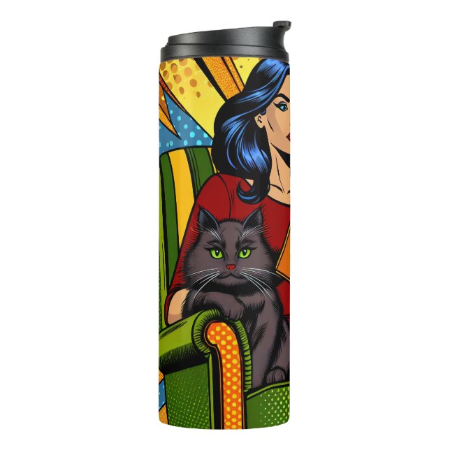 Termo Mujer de estilo pop art leyendo y gato (Rotado hacia la izquierda)