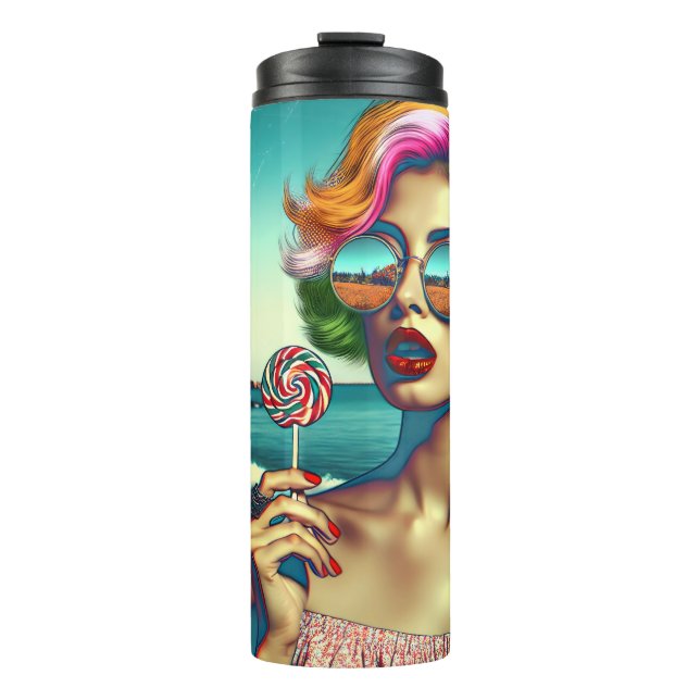 Termo Mujer Hermosa del Arte Pop Retro con Piruleta (Anverso)