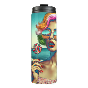 Termo Mujer Hermosa del Arte Pop Retro con Piruleta