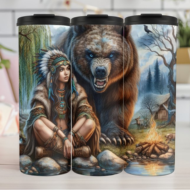 Termo Mujer nativa, oso, fuego (Subido por el creador)