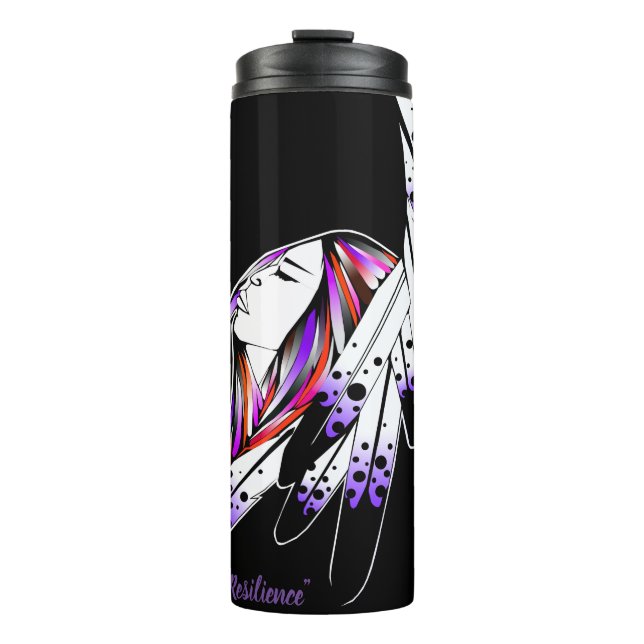 Termo Mujer nativa tumbler termal pluma negro morado (Anverso)