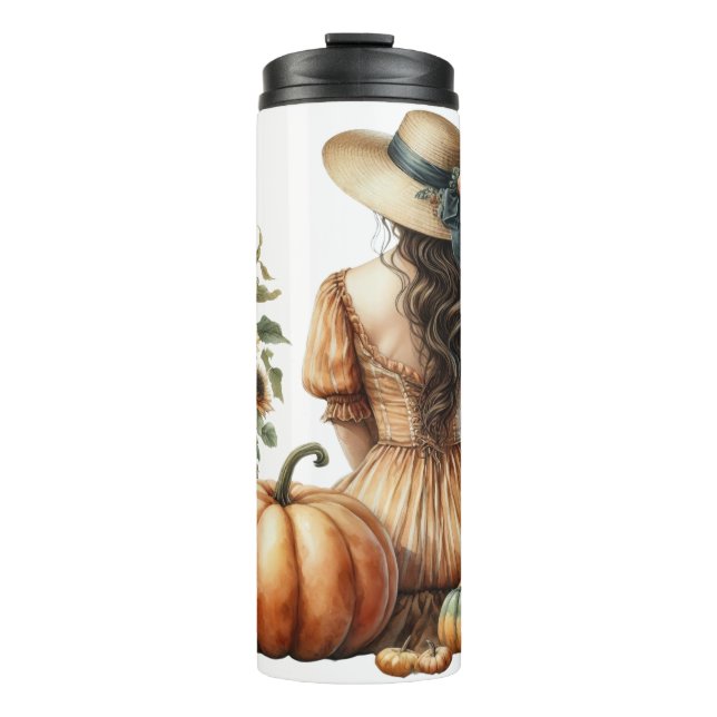 TERMO MUJER SENTADA CON UN GORRA Y CAÍDAS DE OTOÑO (Anverso)