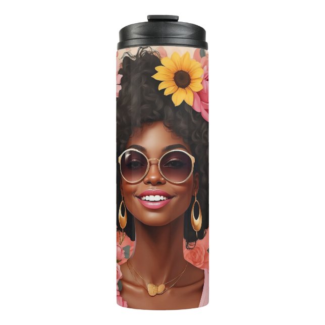 Termo Mujeres negras rosas y girasoles cursi afro sista (Anverso)