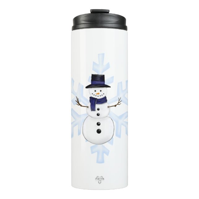 Termo Muñeco de nieve clásico Bufanda azul Copos de niev (Anverso)