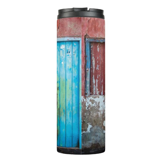 Termo Muro rojo, azul y gris, puerta y ventana (Reverso)