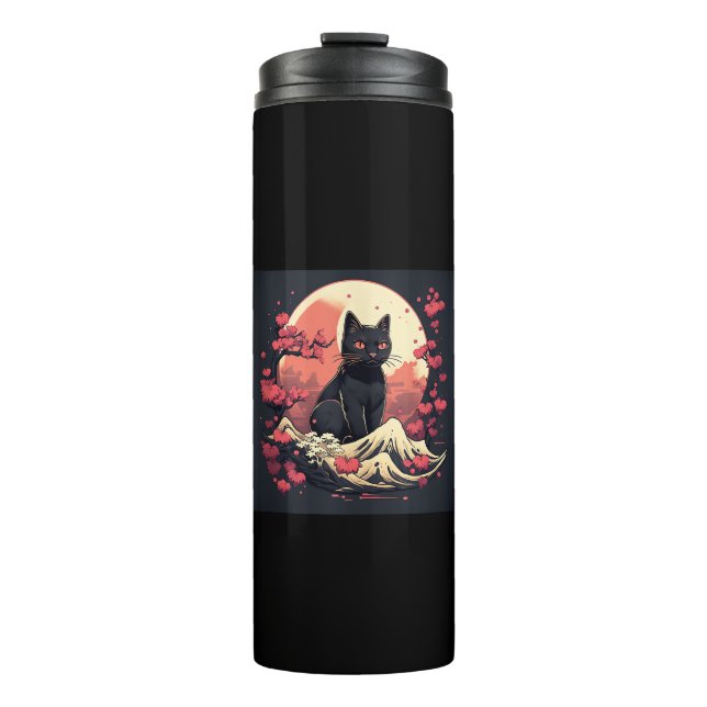 Termo Mystical Sakura Night_ Black Cat con Luna llena (Anverso)