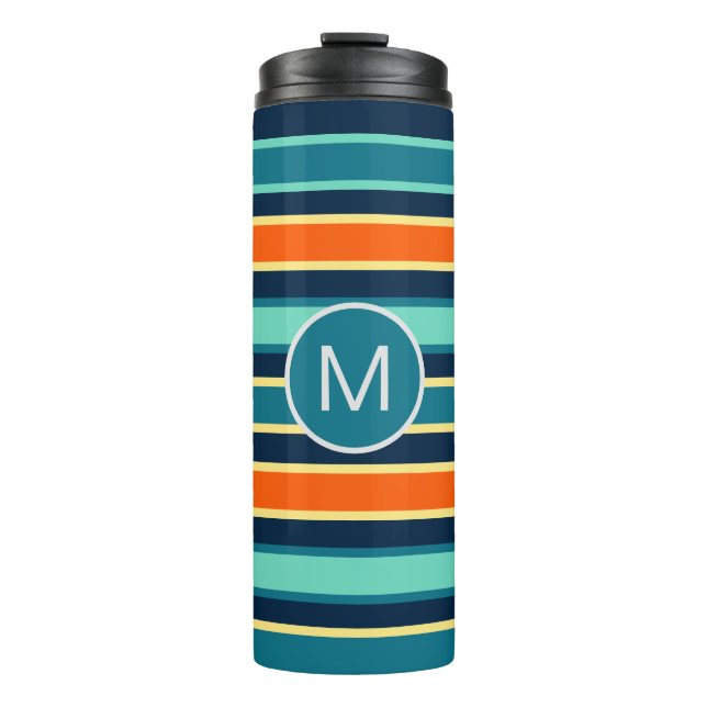 Termo Naranja azul retro Personalizado de color Monogram (Anverso)