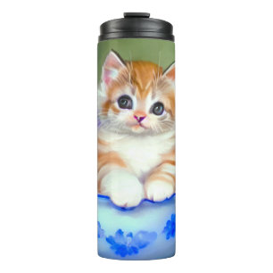 Termo Naranja de época y Ilustracion de gatito blanco
