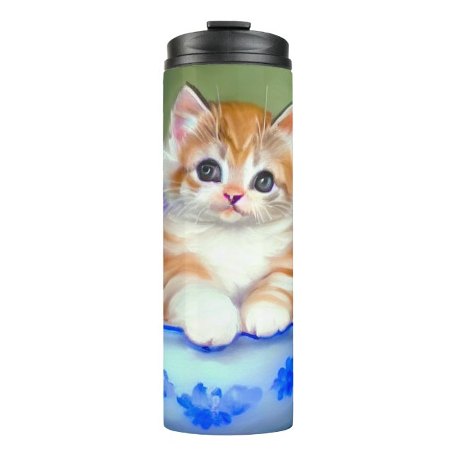 Termo Naranja de época y Ilustracion de gatito blanco (Anverso)