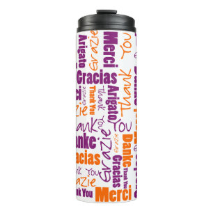Termo Naranja púrpura multilingüe Gracias tipografía