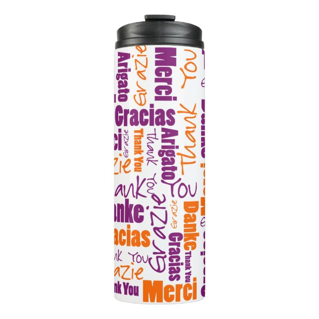 Termo Naranja púrpura multilingüe Gracias tipografía (Anverso)