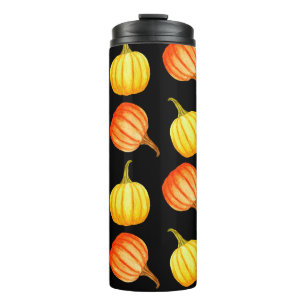 Termo Naranja redondo y calabaza amarilla. Agua transpar