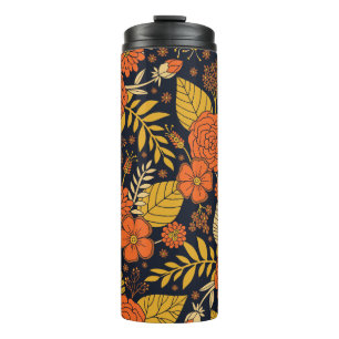 Termo Naranja retro, floral amarilla y marina