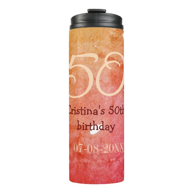 Termo Naranja rojo 50 cumpleaños fecha de añadir nombre  (Anverso)