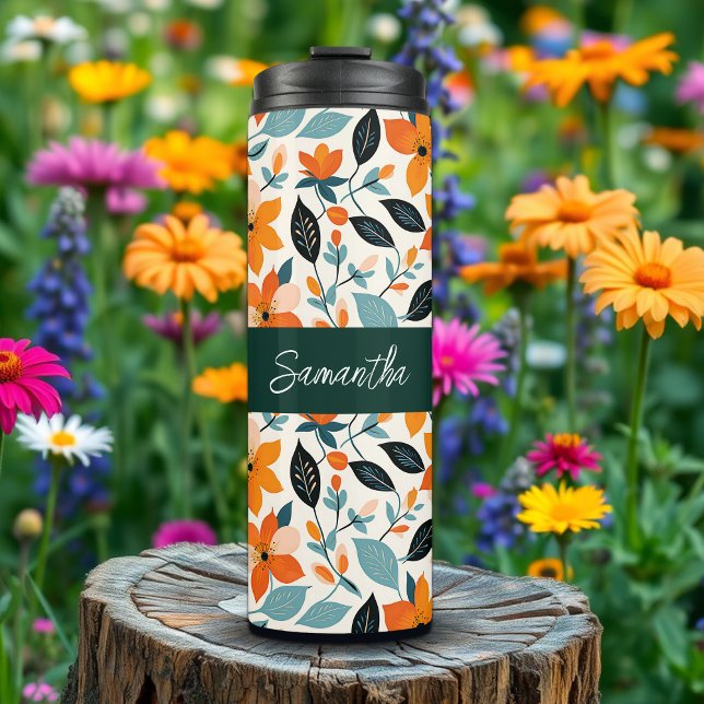 Termo Naranja y flor azul personalizado (Subido por el creador)