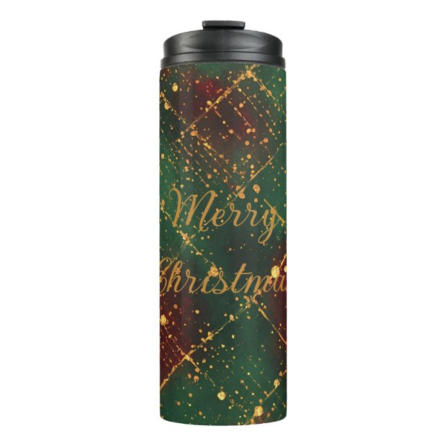 Termo Navidad, Feliz Navidad, Patrón Dorado Rojo Verde (Anverso)
