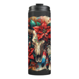 Termo Navidades Cow Bull Skull Poinsettias Feathers