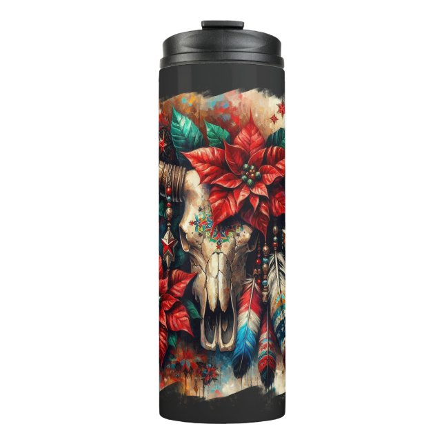 Termo Navidades Cow Bull Skull Poinsettias Feathers (Anverso)