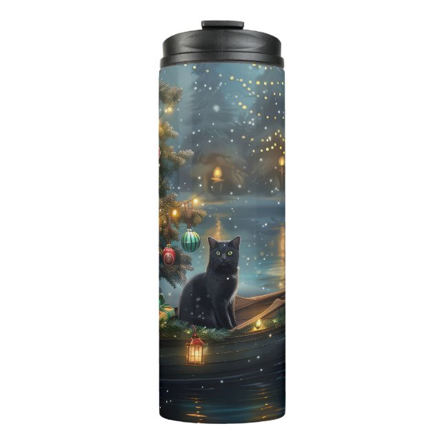 Termo Navidades de gato negro disfrutan de la fiesta (Anverso)