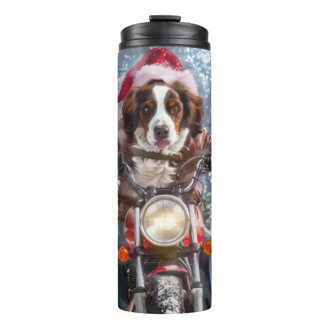 Termo Navidades en motocicleta de Brittany Spaniel (Anverso)
