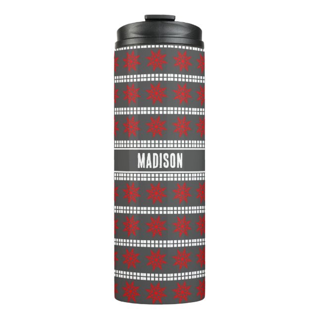 Termo Navidades nórdicos patrón copo de nieve gris rojo  (Anverso)
