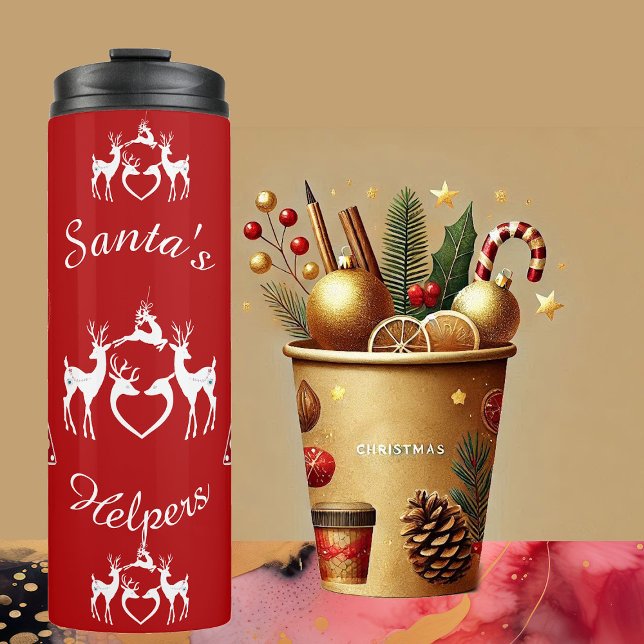 Termo Navidades nórdicos renos Santa Elena Blanca (Nordic Christmas Reindeers White Santa Helpers Red Thermal Tumbler)