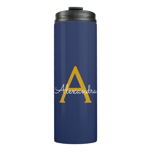 Termo Navy Blue Gold Modern Script Girly Monograma Nombr (Anverso)